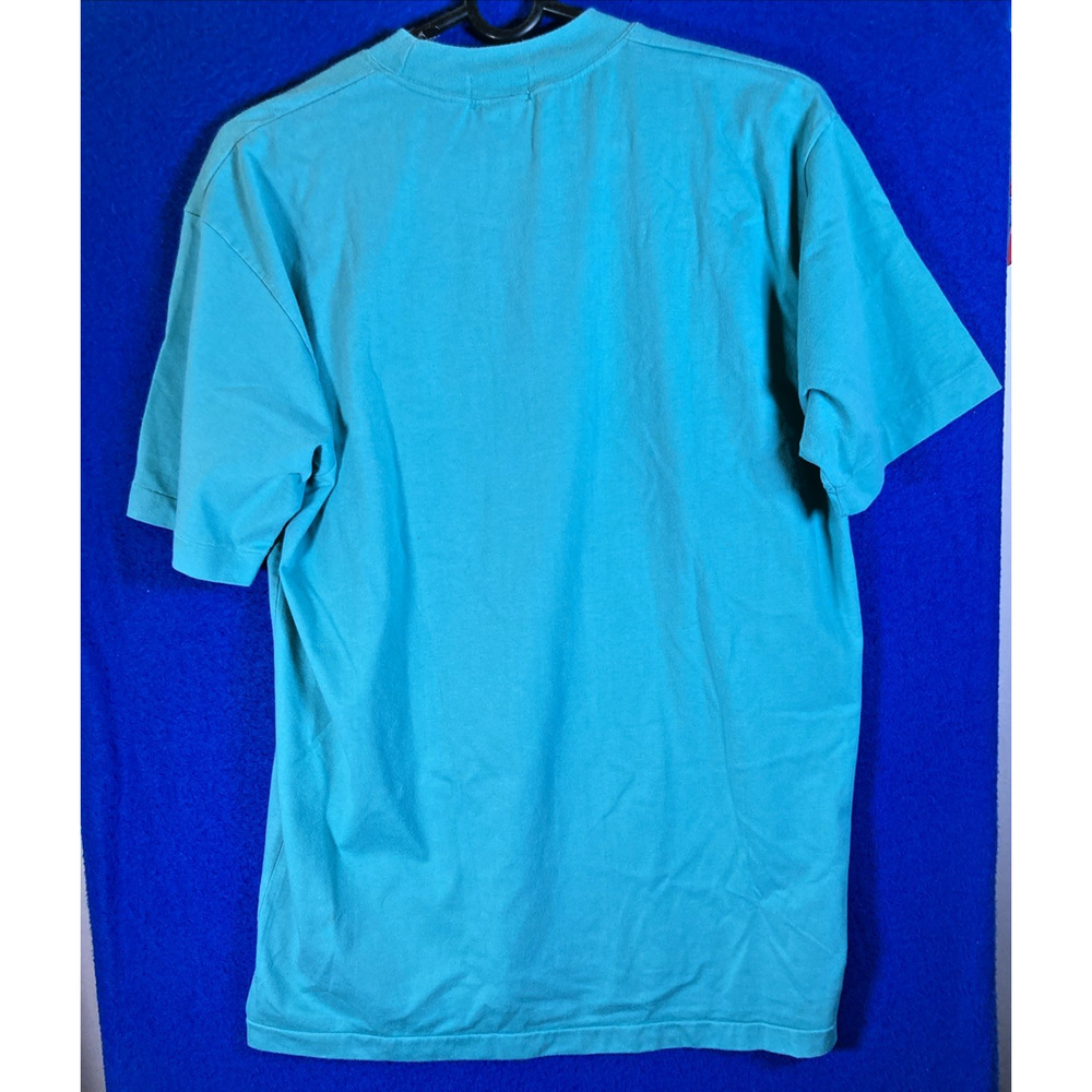 Vtg 90s Student Machine Graphic Tee Art Deco Lady Floral Hat Teal 100% cotton - Picture 3 of 11
